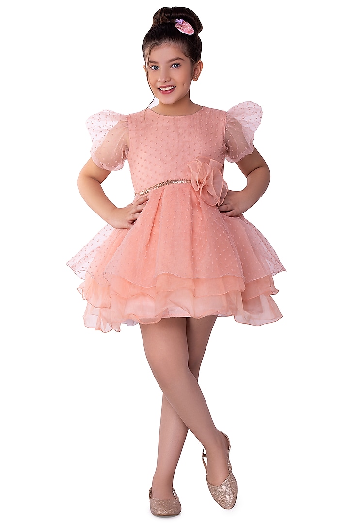 Peach Organza Dress For Girls by LittleCheer