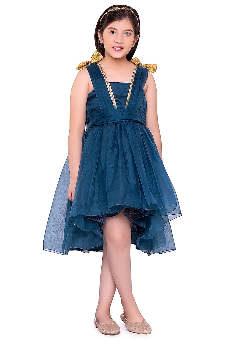 Teal Silk Organza High-Low Dress For Girls by LittleCheer