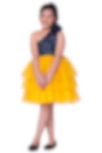 Yellow & Navy Blue Silk Organza One-Shoulder Dress For Girls by LittleCheer