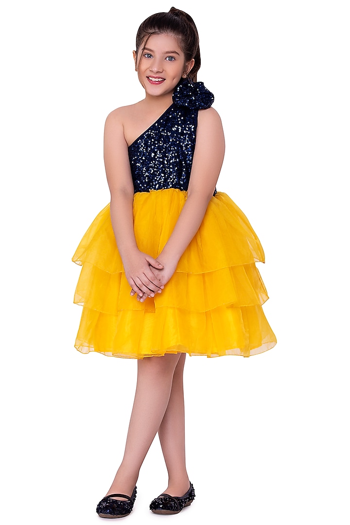 Yellow & Navy Blue Silk Organza One-Shoulder Dress For Girls by LittleCheer