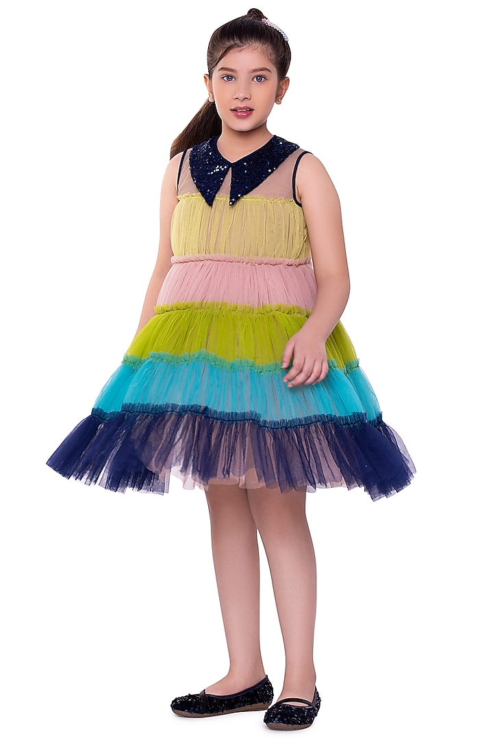 Multi-Colored Butterfly Net Tiered Dress For Girls by LittleCheer