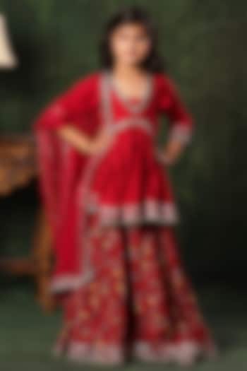 Dark Red Viscose Cotton Floral Printed Sharara Set For Girls by LittleCheer