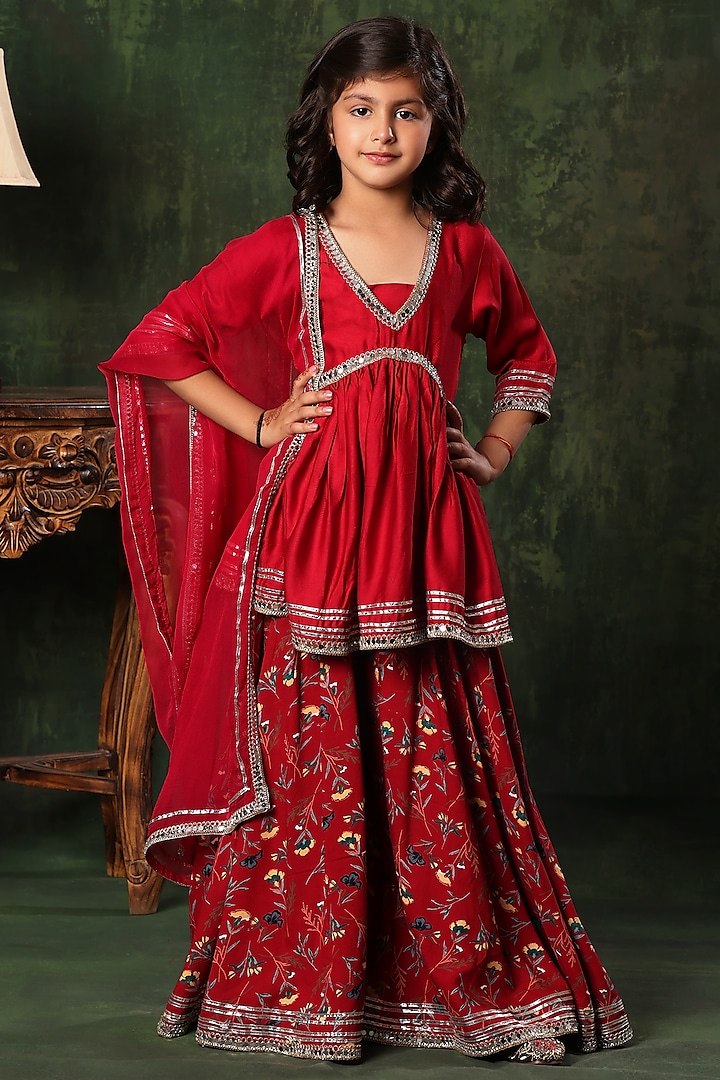 Dark Red Viscose Cotton Floral Printed Sharara Set For Girls by LittleCheer