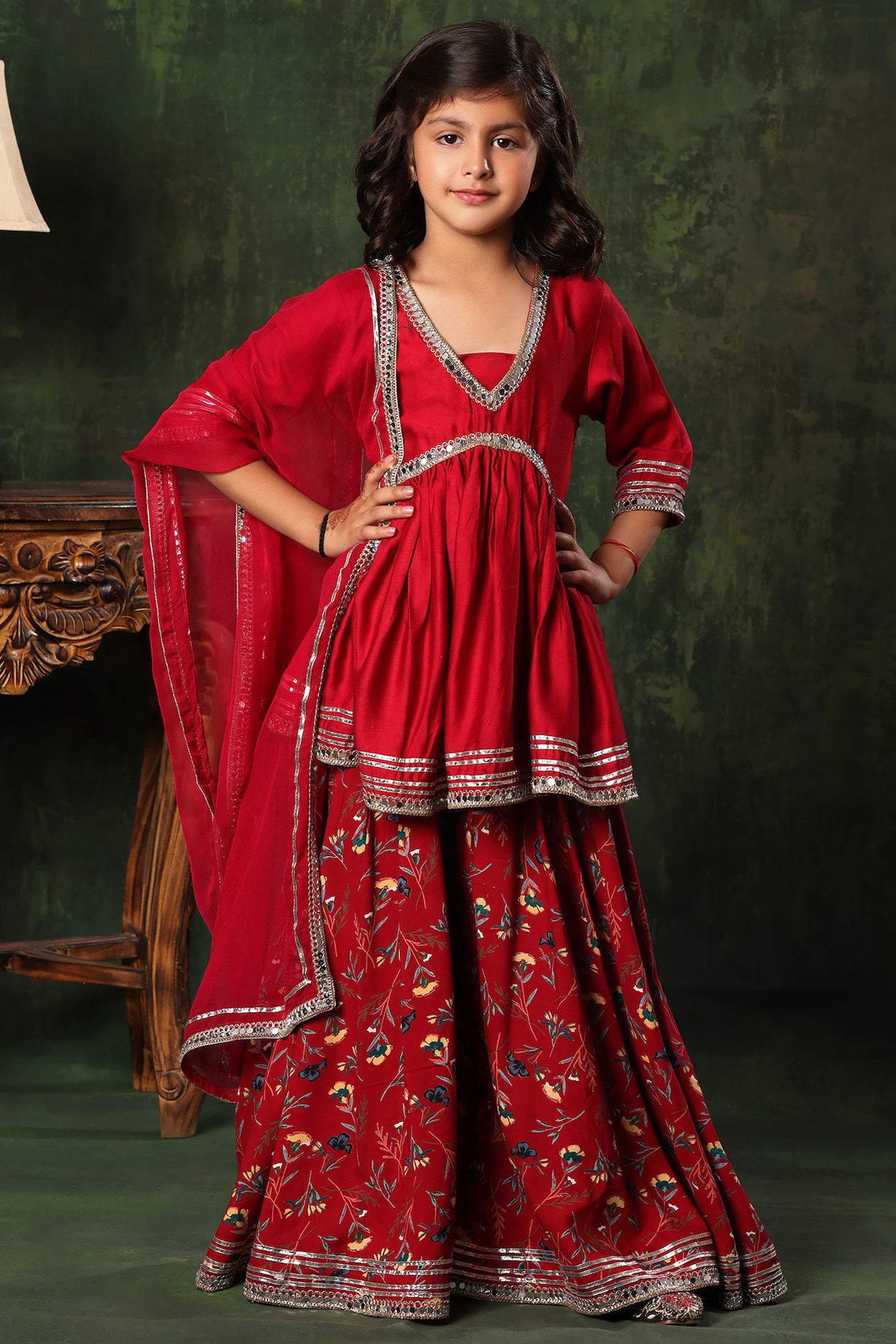 Dark Red Viscose Cotton Floral Printed Sharara Set For Girls by LittleCheer  at Pernia's Pop Up Shop