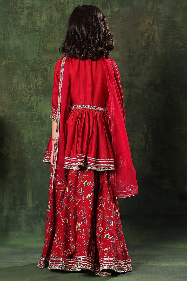 Dark Red Viscose Cotton Floral Printed Sharara Set For Girls by LittleCheer at Pernia's Pop Up Shop