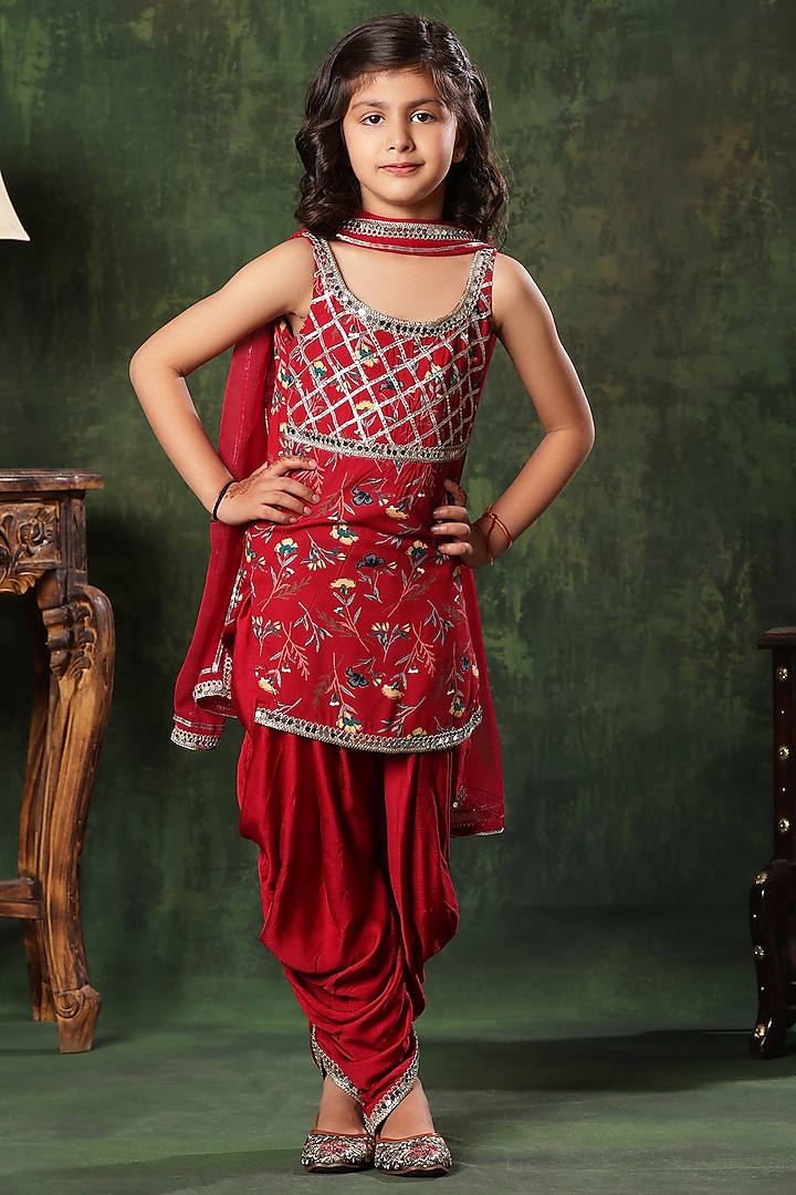 Red Viscose Cotton Embroidered & Printed Kurta Set For Girls by LittleCheer
