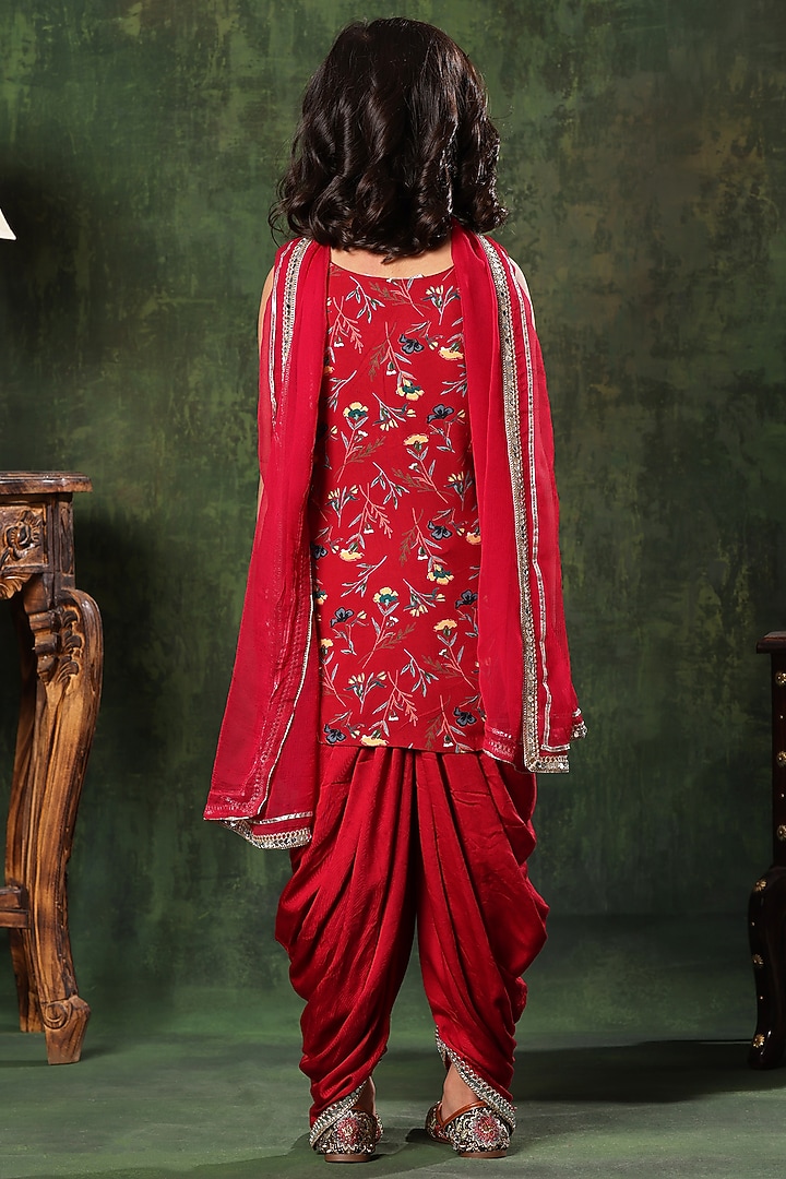 Red Viscose Cotton Embroidered & Printed Kurta Set For Girls by LittleCheer at Pernia's Pop Up Shop