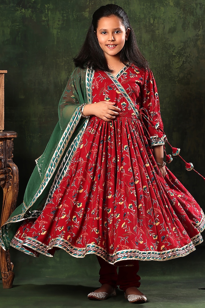 Red Viscose Cotton Embroidered & Printed Anarkali Set For Girls by LittleCheer