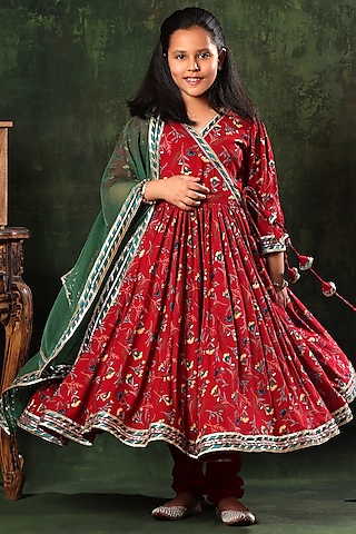 Red Viscose Cotton Embroidered & Printed Anarkali Set For Girls by LittleCheer