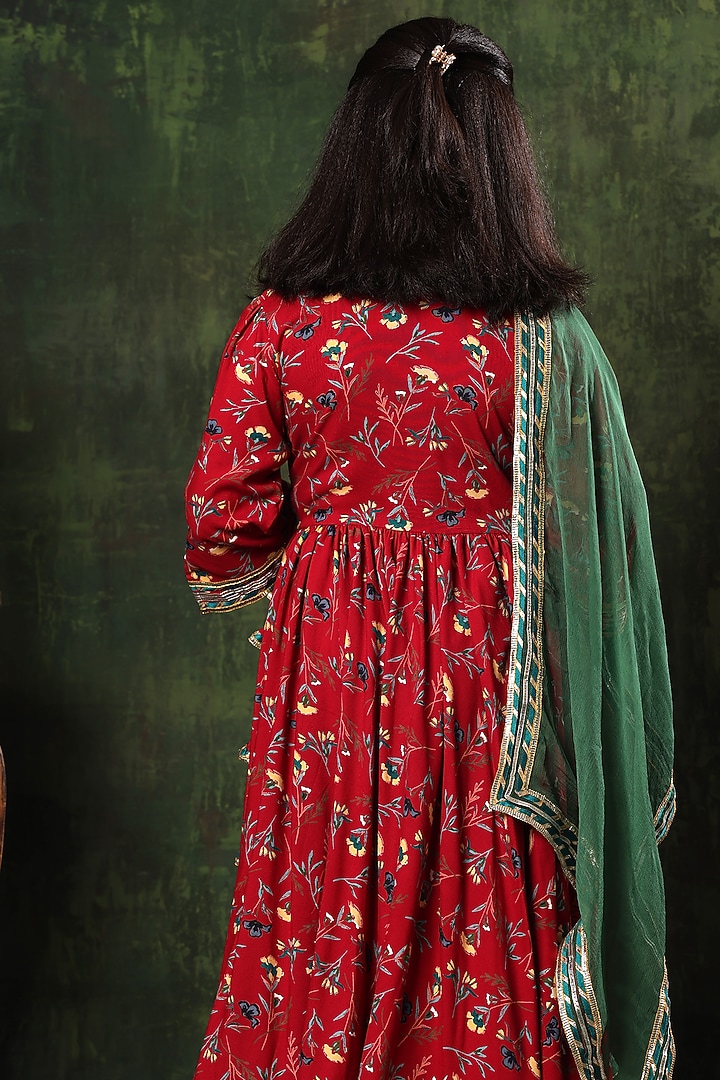Red Viscose Cotton Embroidered & Printed Anarkali Set For Girls by LittleCheer at Pernia's Pop Up Shop