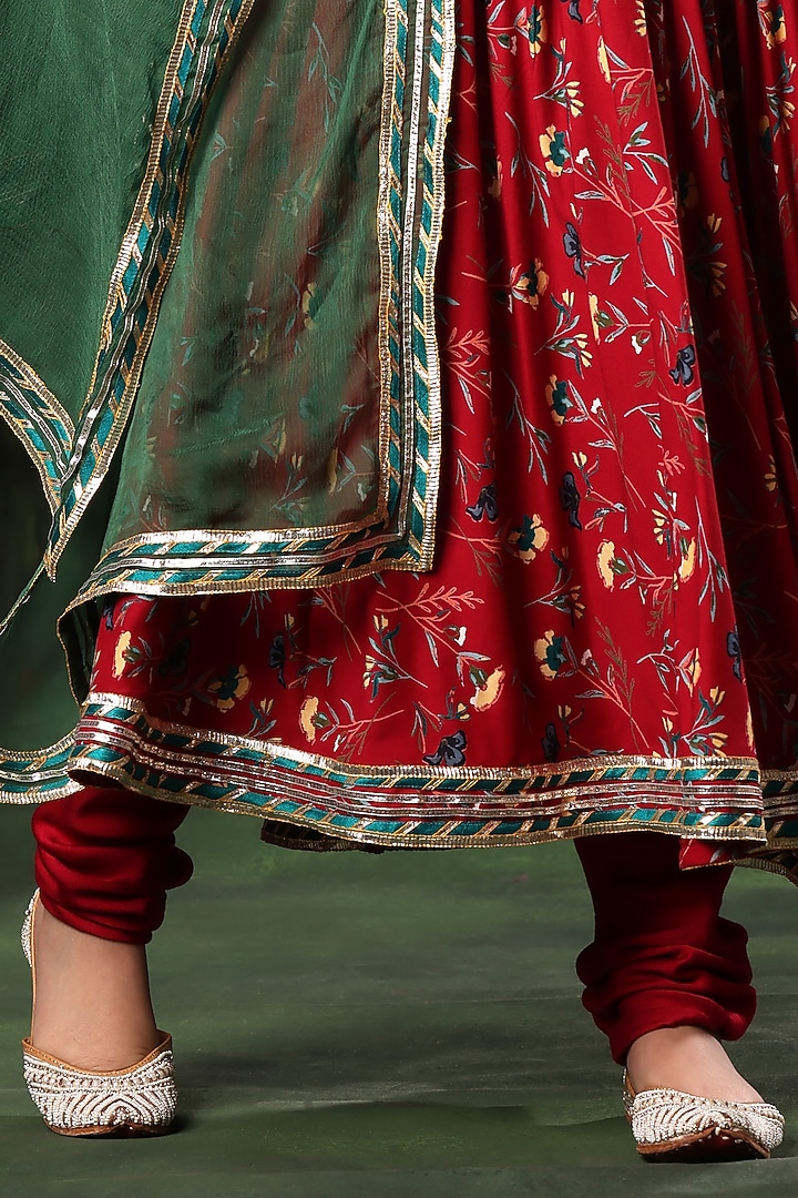 Red Viscose Cotton Embroidered & Printed Anarkali Set For Girls by LittleCheer at Pernia's Pop Up Shop