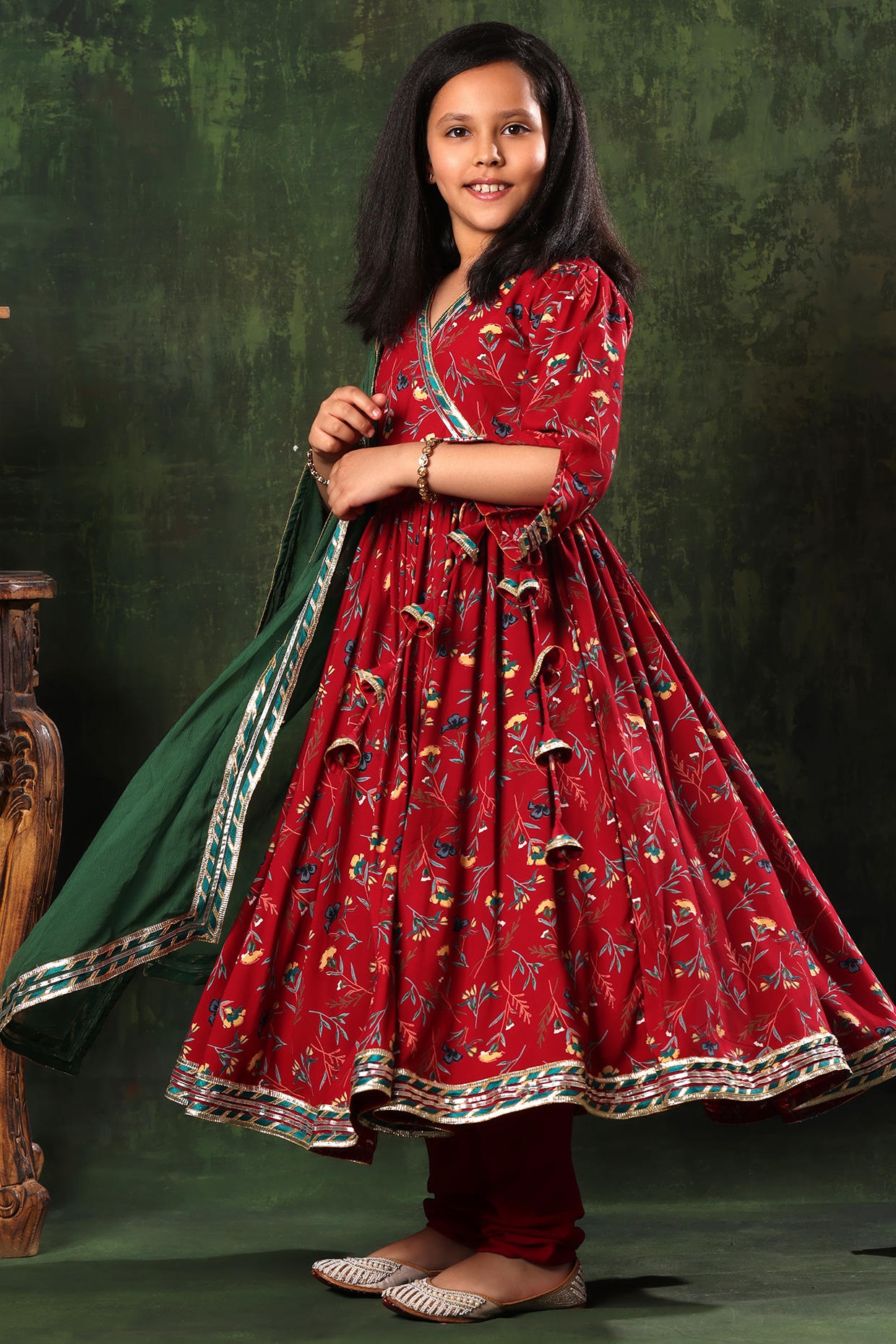 WAMI Red premium qality digital print, handwork mirrorwork on Neck hand Bottom, Anarkali 3 retailer piece set for Women / Girls/ Ladies