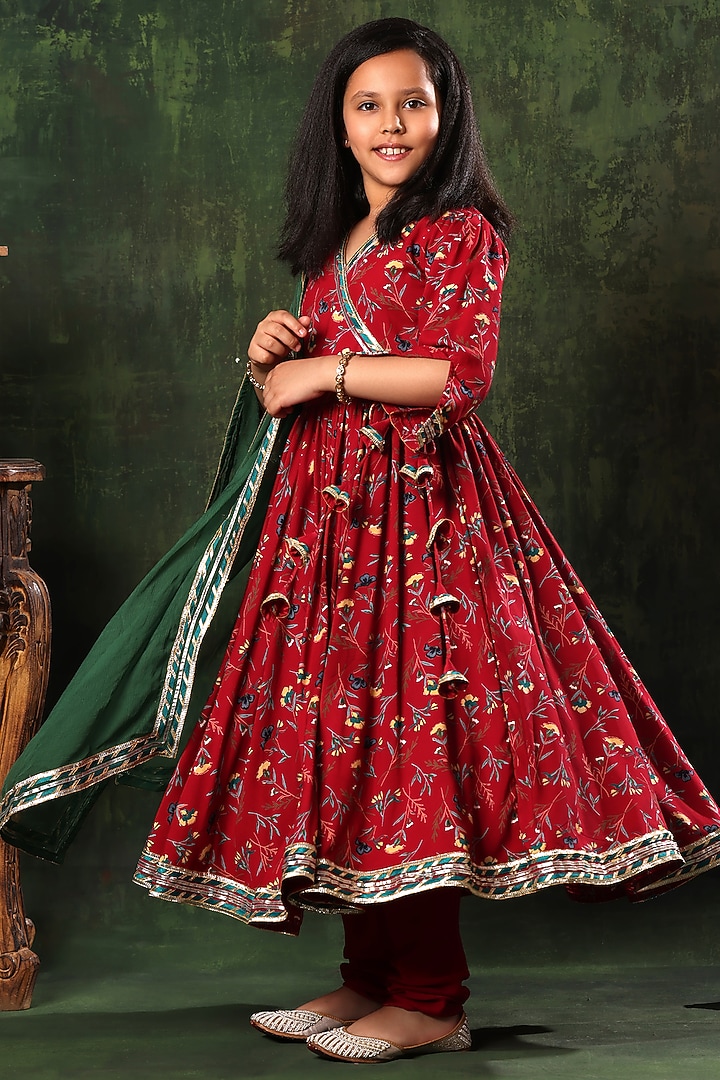 Red Viscose Cotton Embroidered & Printed Anarkali Set For Girls by LittleCheer at Pernia's Pop Up Shop