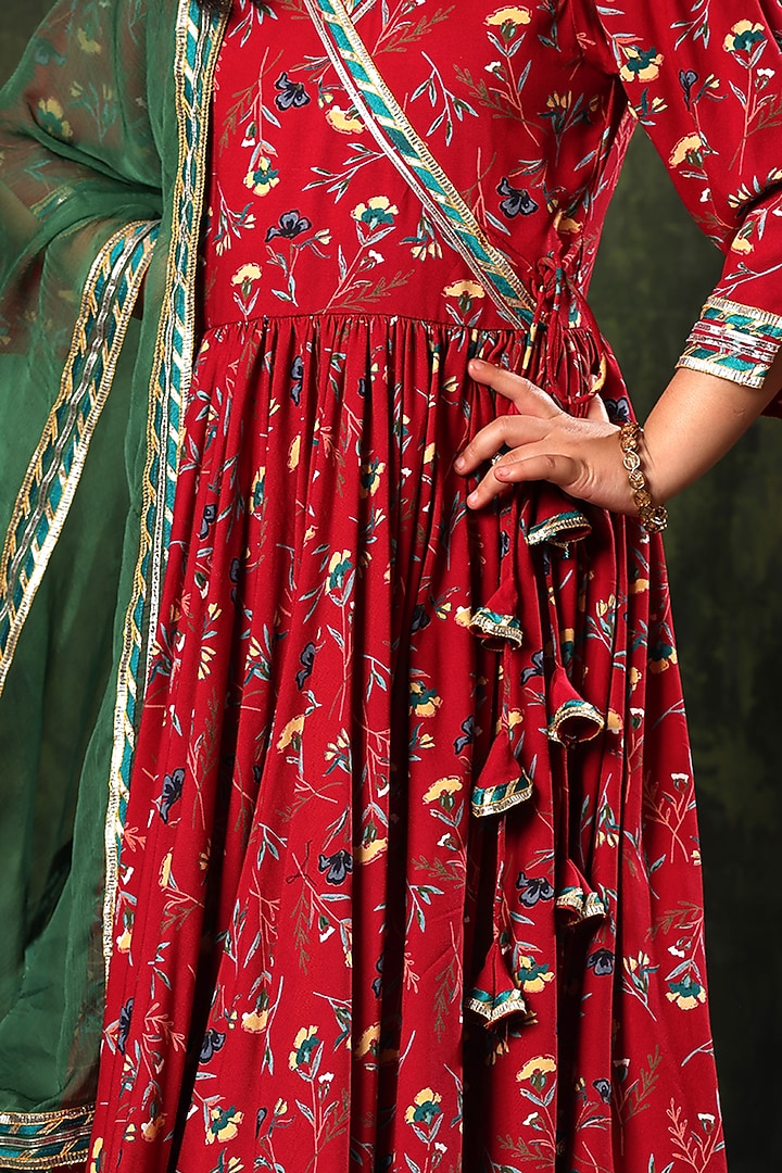Red Viscose Cotton Embroidered & Printed Anarkali Set For Girls by LittleCheer at Pernia's Pop Up Shop