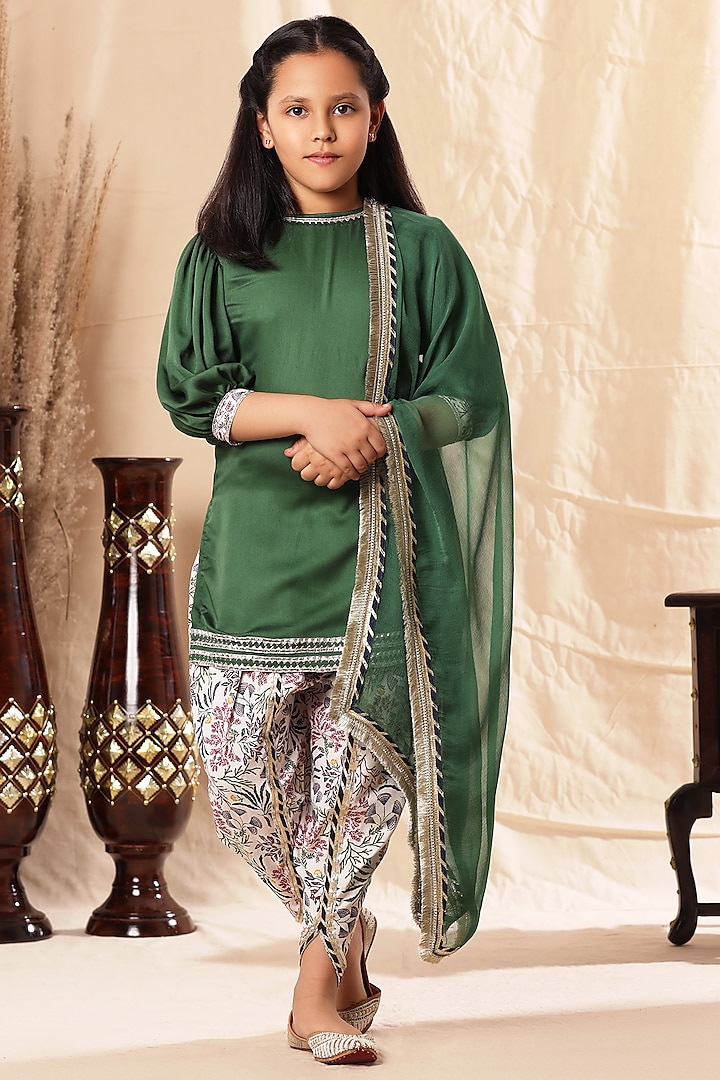 Green Viscose Cotton Printed Dhoti Set For Girls by LittleCheer at Pernia's Pop Up Shop