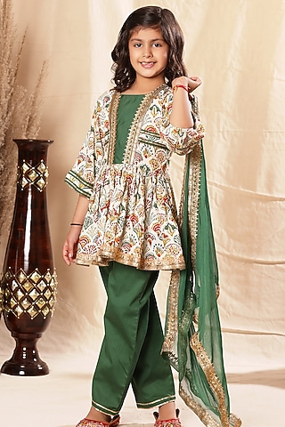 Multi-Colored Viscose Cotton Embroidered & Printed Kurta Set For Girls by LittleCheer
