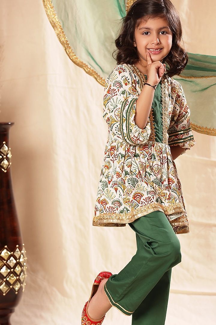 Multi-Colored Viscose Cotton Embroidered & Printed Kurta Set For Girls by LittleCheer at Pernia's Pop Up Shop