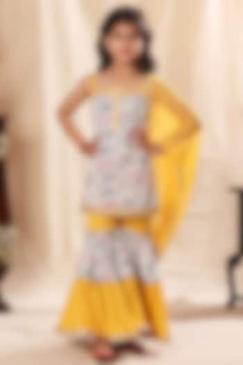 Yellow Cotton Satin Printed Sharara Set For Girls by LittleCheer at Pernia's Pop Up Shop