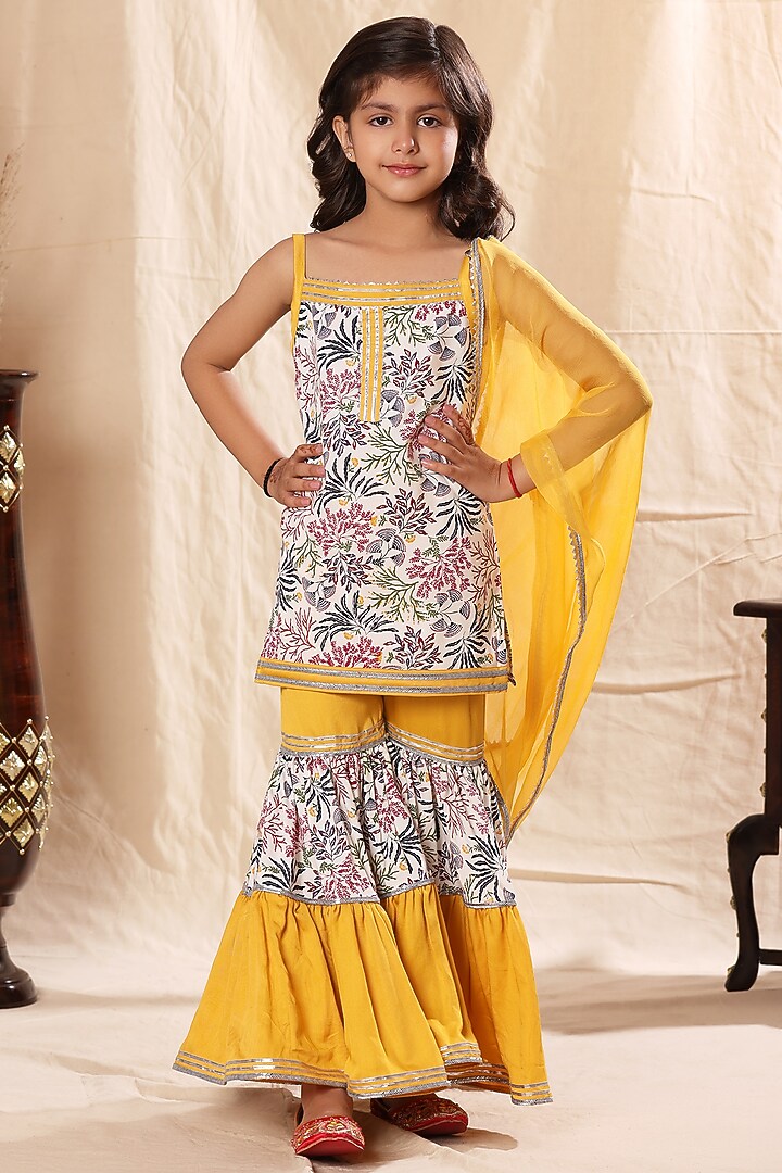 Yellow Cotton Satin Printed Sharara Set For Girls by LittleCheer at Pernia's Pop Up Shop