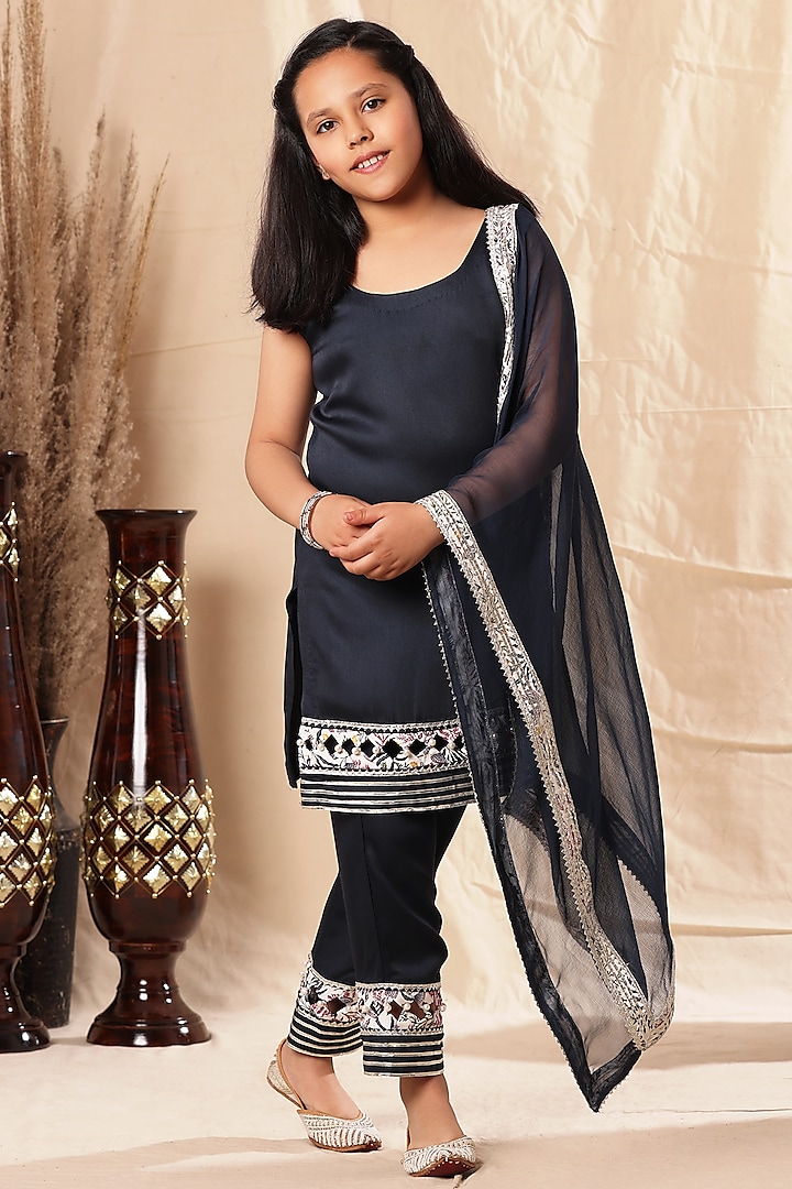 Navy Blue Viscose Satin Embellished Kurta Set For Girls by LittleCheer at Pernia's Pop Up Shop