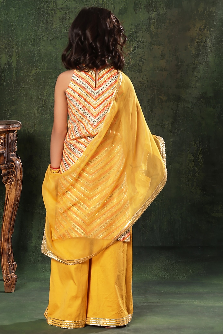 Yellow Viscose Cotton Embellished Kurta Set For Girls by LittleCheer at Pernia's Pop Up Shop