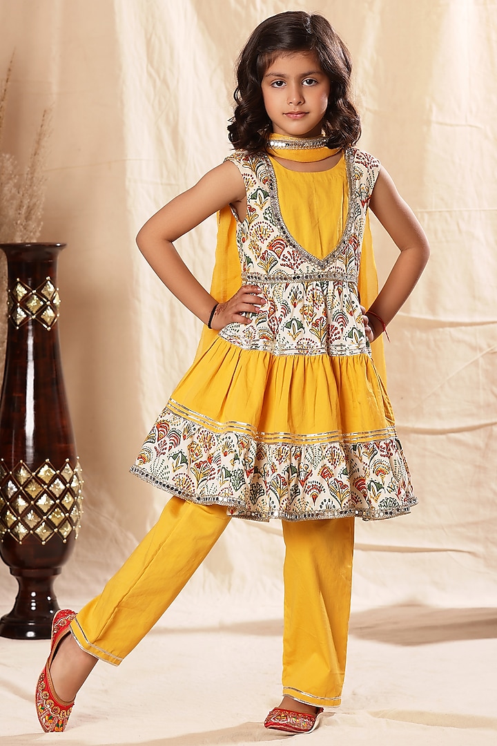 Yellow Viscose Cotton Printed & Embellished Kurta Set For Girls by LittleCheer at Pernia's Pop Up Shop