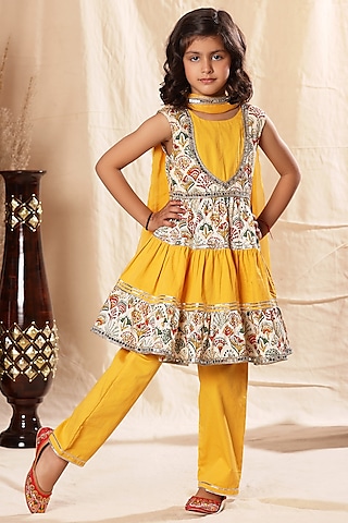 Yellow Viscose Cotton Printed & Embellished Kurta Set For Girls by LittleCheer