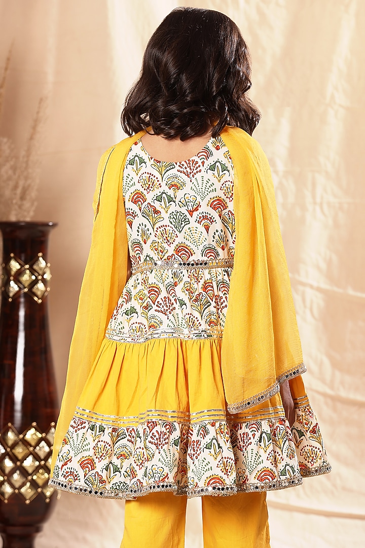 Yellow Viscose Cotton Printed & Embellished Kurta Set For Girls by LittleCheer at Pernia's Pop Up Shop