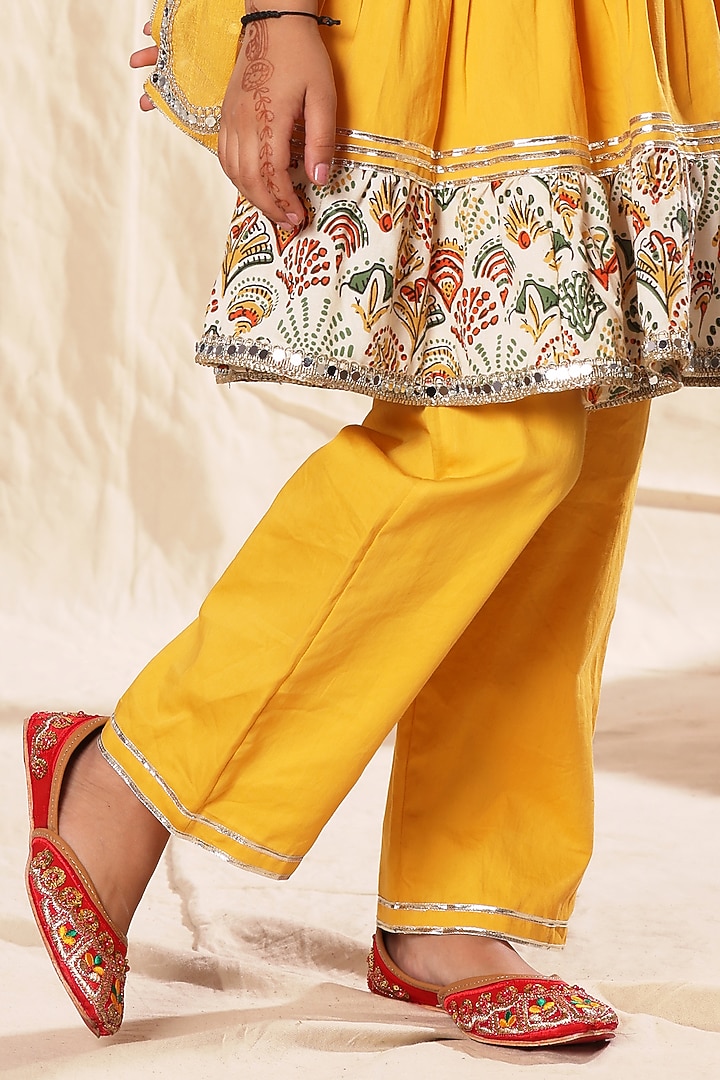 Yellow Viscose Cotton Printed & Embellished Kurta Set For Girls by LittleCheer at Pernia's Pop Up Shop