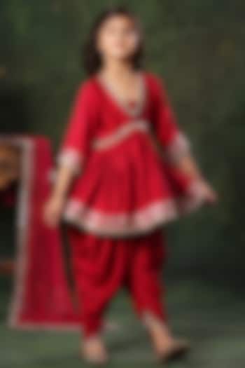 Red Viscose Satin Embellished Peplum Kurta Set For Girls by LittleCheer