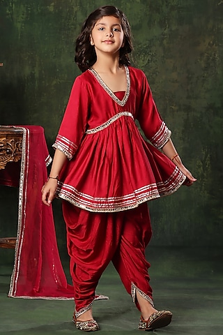 Red Viscose Satin Embellished Peplum Kurta Set For Girls by LittleCheer