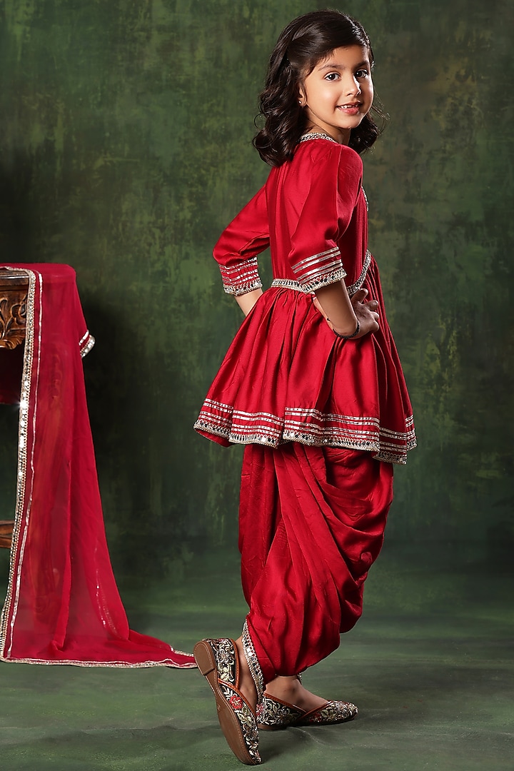 Red Viscose Satin Embellished Peplum Kurta Set For Girls by LittleCheer at Pernia's Pop Up Shop