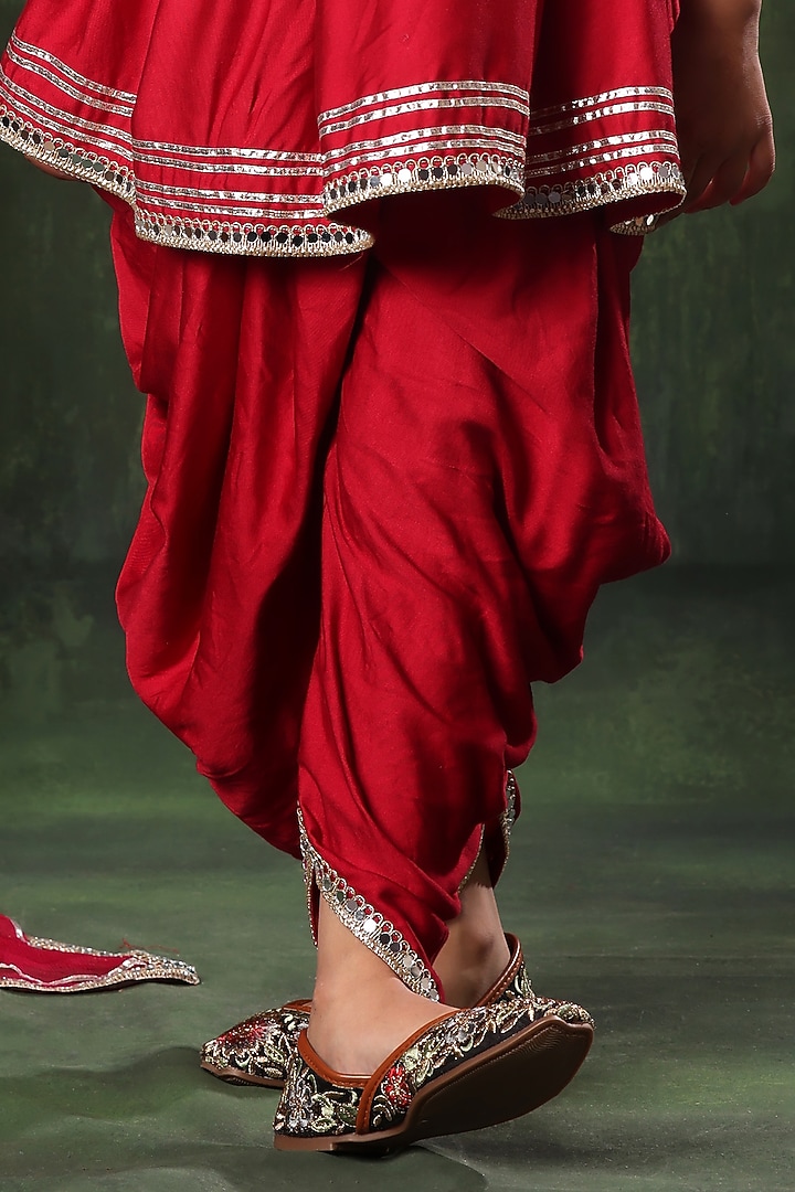 Red Viscose Satin Embellished Peplum Kurta Set For Girls by LittleCheer at Pernia's Pop Up Shop