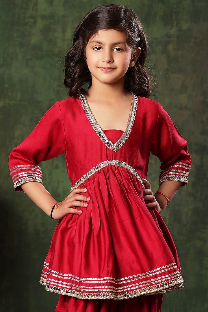 Red Viscose Satin Embellished Peplum Kurta Set For Girls by LittleCheer at Pernia's Pop Up Shop