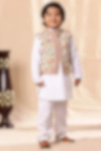 Multi-Colored Viscose Cotton Embellished Bundi Jacket With Kurta Set For Boys by LittleCheer