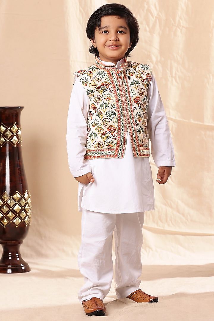 Multi-Colored Viscose Cotton Embellished Bundi Jacket With Kurta Set For Boys by LittleCheer