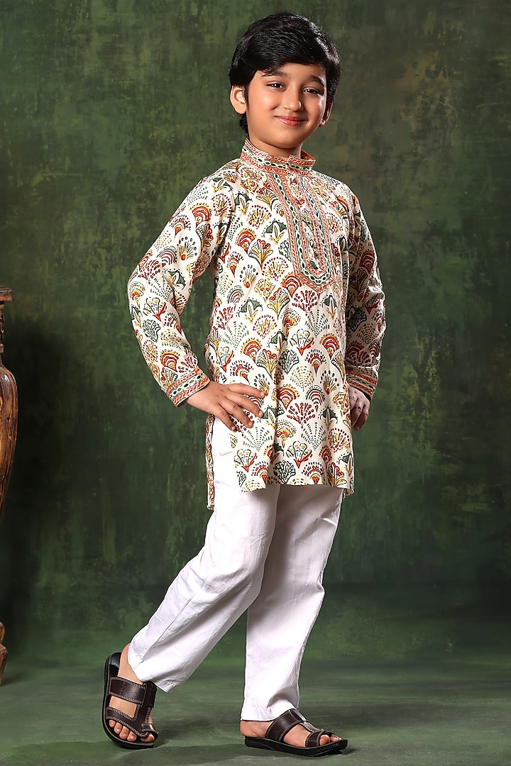 Multi-Colored Viscose Cotton Printed Kurta Set For Boys by LittleCheer