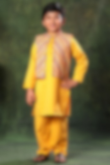 Multi-Colored Viscose Cotton Embellished Bundi Jacket With Kurta Set For Boys by LittleCheer at Pernia's Pop Up Shop