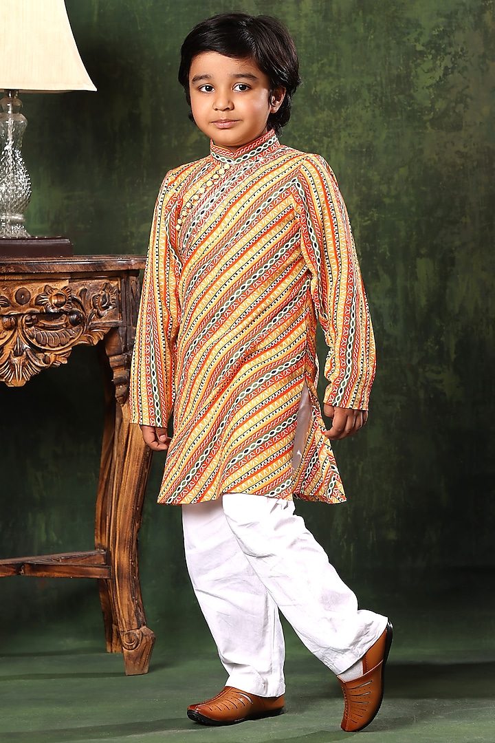 Multi-Colored Viscose Cotton Printed Kurta Set For Boys by LittleCheer