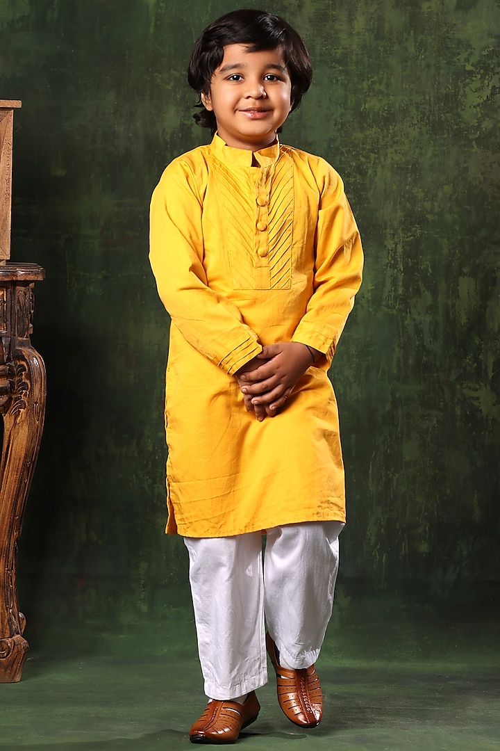 Mustard Cotton Satin Kurta Set For Boys by LittleCheer