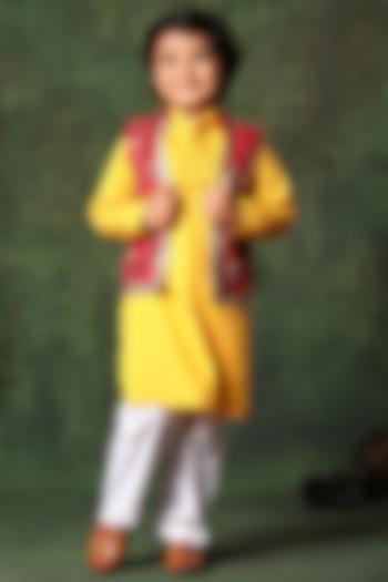Red Viscose Cotton Printed Bundi Jacket With Kurta Set For Boys by LittleCheer
