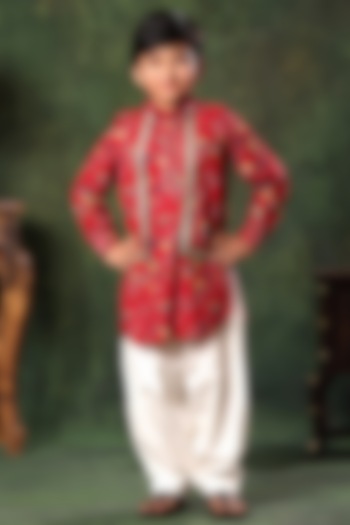 Red Viscose Cotton Printed Bundi Jacket With Kurta Set For Boys by LittleCheer