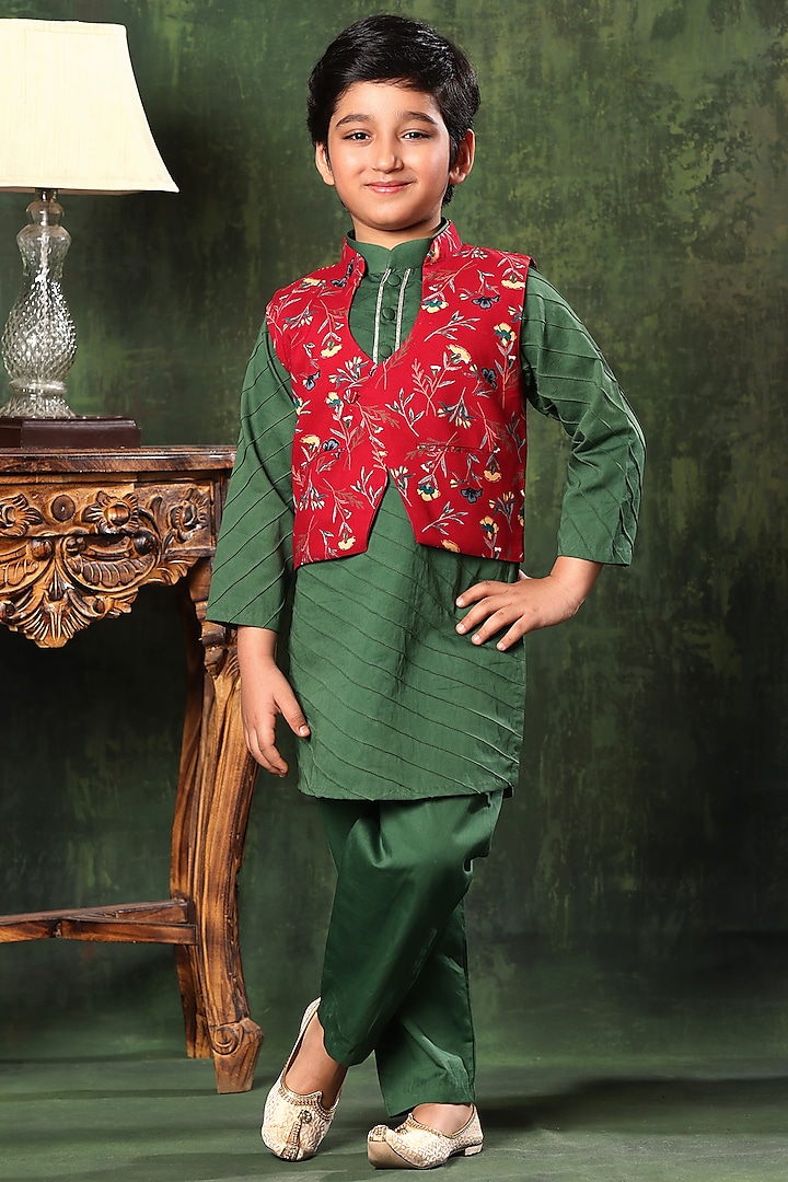 Red Viscose Cotton Embellished Bundi Jacket With Kurta Set For Boys by LittleCheer