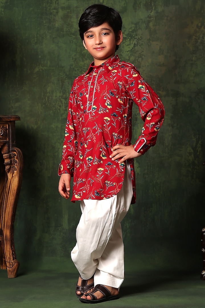 Red Viscose Floral Printed Kurta Set For Boys by LittleCheer