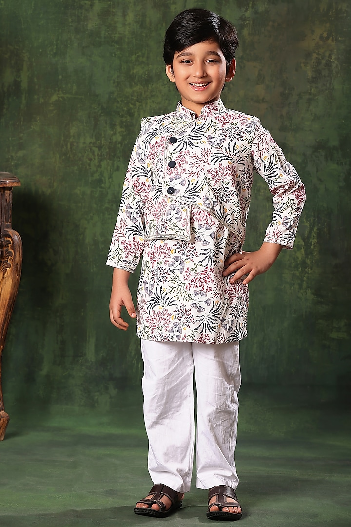White Cotton Printed Bundi Jacket With Kurta Set For Boys by LittleCheer