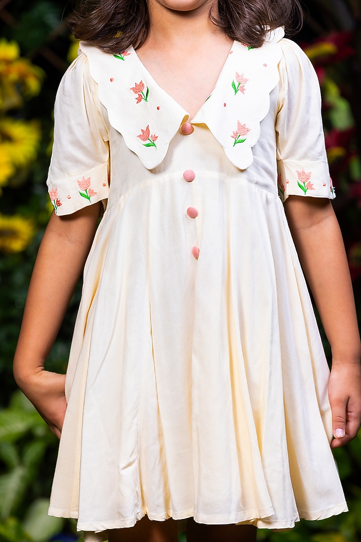 Beige Cotton Rayon Dress For Girls by LittleCheer at Pernia's Pop Up Shop