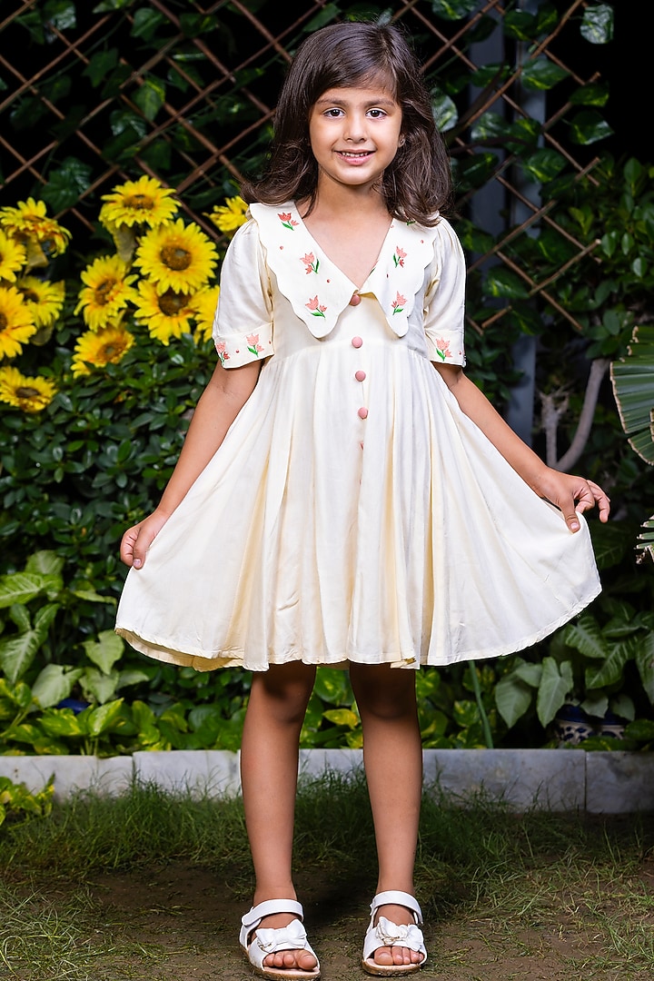 Beige Cotton Rayon Dress For Girls by LittleCheer at Pernia's Pop Up Shop