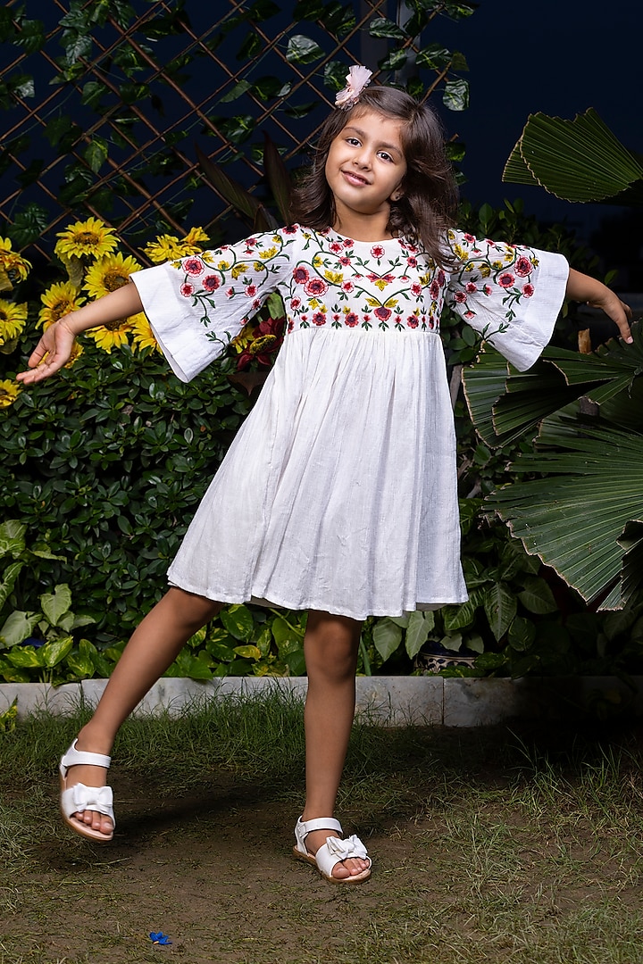 White Floral Embroidered Dress For Girls by LittleCheer