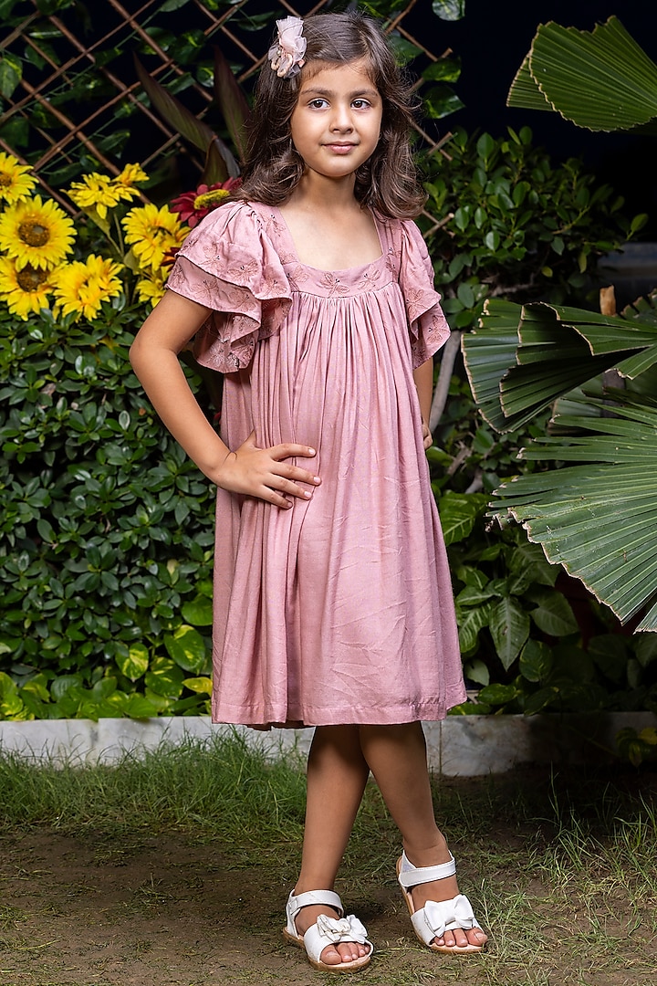Salmon Pink Embroidered Dress For Girls by LittleCheer
