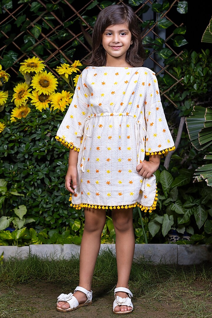 White Embroidered Kaftan Dress For Girls by LittleCheer